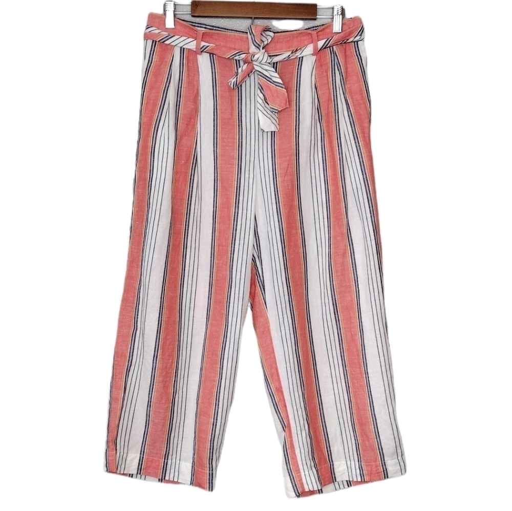 Tommy Hilfiger Linen Cotton Stripe Belted Coastal Beach Relaxed Ankle Pants Sz S